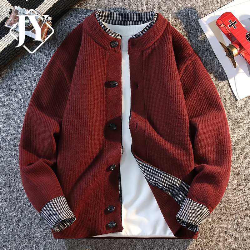 红色毛衣男秋冬季新款高级感假两件针织衫夹克男士毛线衣开衫外套