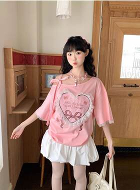 爱心蕾丝绑带短袖T恤女夏季设计感宽松休闲显瘦甜辣露肩韩版上衣