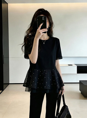 大码法式荷叶边黑色正肩短袖t恤女2026夏胖mm遮肚显瘦超好看上衣