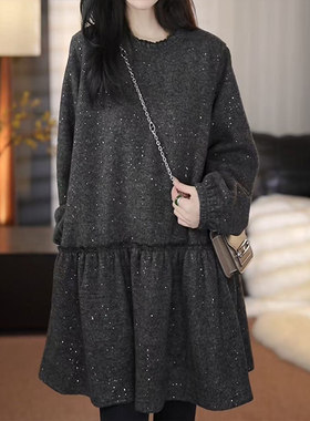 休闲慵懒风满天星连衣裙女秋冬木耳边显瘦长袖气质洋气收腰中长裙