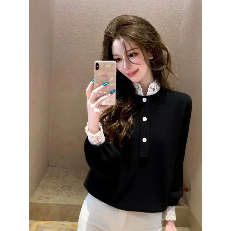 设计感绝美显瘦国风内搭上衣高级感黑色蕾丝边丝绒百搭上衣女秋冬