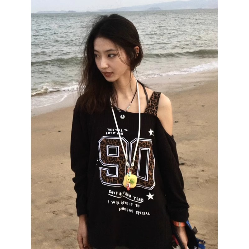 长袖t恤女秋季印花豹纹