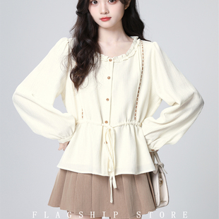 女2025秋新款 衬衫 木耳边设计感系带收腰衬衣上衣 甜美圆领长袖 法式