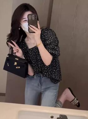 碎花宽松遮肚子雪纺衫2025新女短袖洋气减龄法式独特别致小上衣
