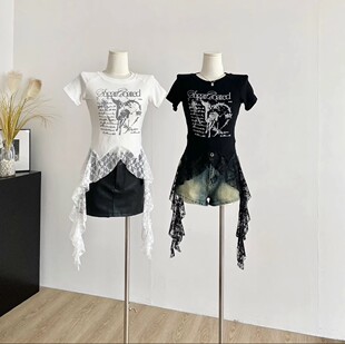 t恤女下摆不规则上衣 蕾丝拼接甜酷辣妹字母印花短袖 大码 胖MM夏季