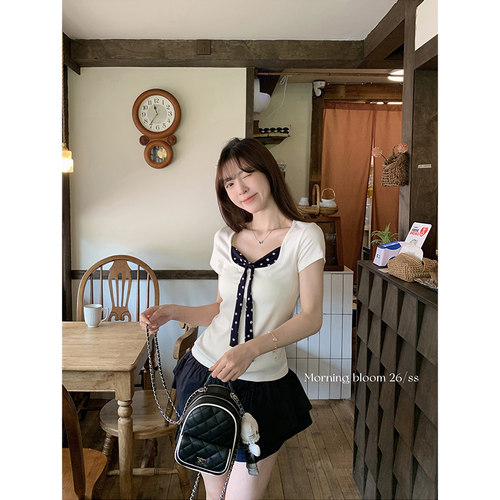 大码波点领带扭结撞色方领短袖T恤女夏季新款假两件显瘦收腰上衣