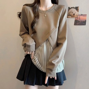 胖mm显瘦遮肚子圆领卫衣 t恤女秋季 大码 不规则拼接条纹假两件长袖