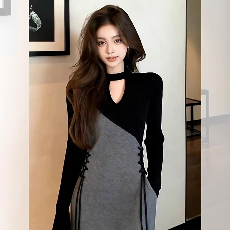 法式小香风特别漂亮掐腰灰色拼接连衣裙女2025秋季新款气质感长裙