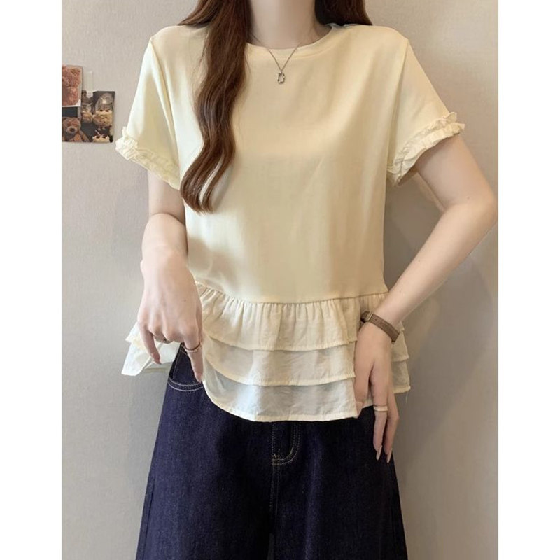 纯色时尚正肩圆领短袖t恤女2026年夏季新款荷叶拼接裙摆宽松上衣