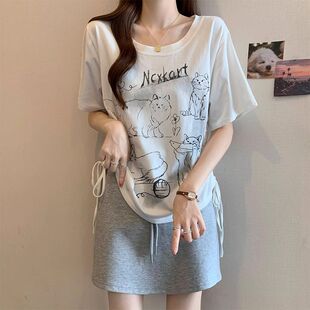 收腰显瘦可爱抽绳遮肉正肩上衣 T恤女夏2025新款 大码 减龄抽褶短袖