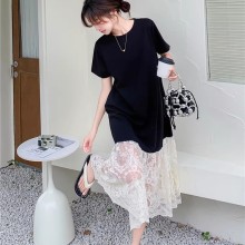 短袖黑色连衣裙女2025夏御姐风拼接蕾丝韩版中长款宽松超好看裙子