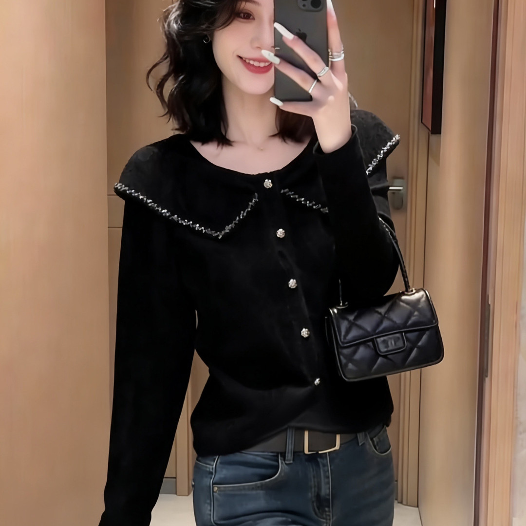 春秋冬季2026新款气质钉珠娃娃领女装长袖显瘦百搭纽扣打底衫上衣,女装/女士精品,T恤,淘宝优惠券,粉丝福利购,淘宝优惠卷