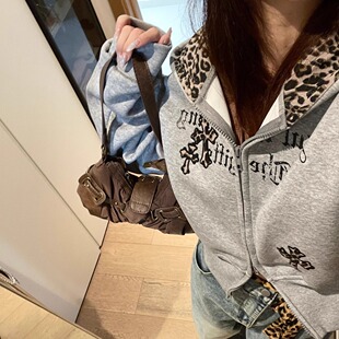 辣妹高级感重磅短款美式复古豹纹拼接连帽开衫卫衣女秋冬上衣外套