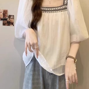 上衣 清秀女装 温柔风宽松方领娃娃衫 2025夏季 胖mm遮肚子显瘦泡泡袖