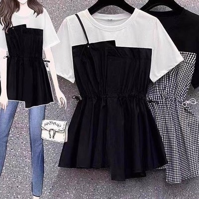 夏装舒适胖mm短袖宽松遮肚收腰小众别致格子拼接假两件衬衫上衣女