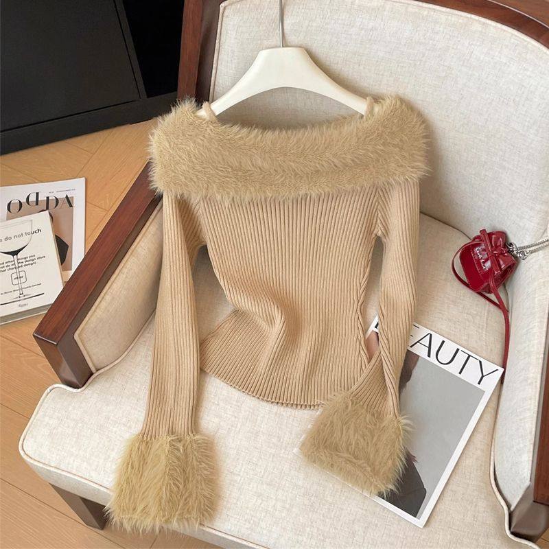 法式甜美吊带一字肩毛绒绒喇叭袖女辣妹显瘦气质2025新款秋季上衣,女装/女士精品,T恤,淘宝优惠券,粉丝福利购,淘宝优惠卷