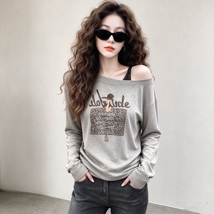 时尚套装女2026新款秋季复古豹纹字母斜肩长袖T恤上衣气质设计感