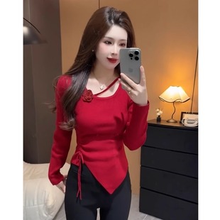 立体花朵不规则抽褶长袖 修身 打底衫 流行风格 显瘦小上衣 女秋季 法式