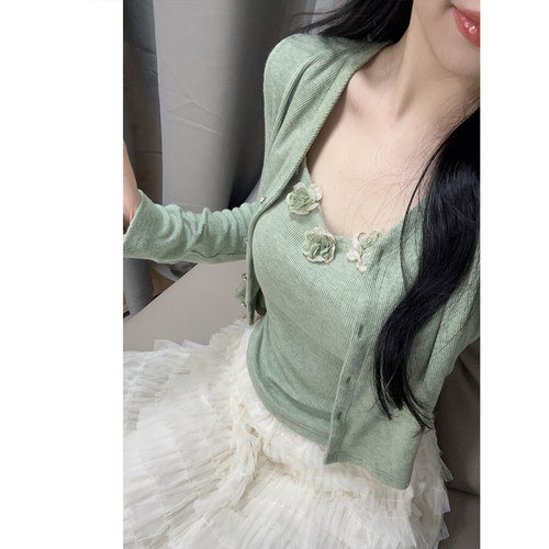 韩版春秋季甜美风少女感吊带背心针织开衫两件套百搭休闲上衣套装