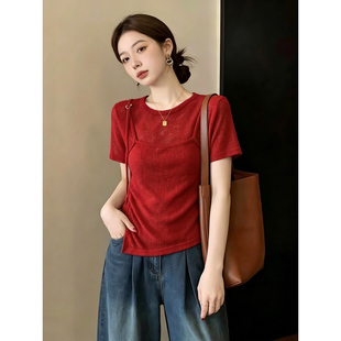 大码假两件短袖T恤女2026新款夏季胖mm显瘦不规则高级感修身上衣