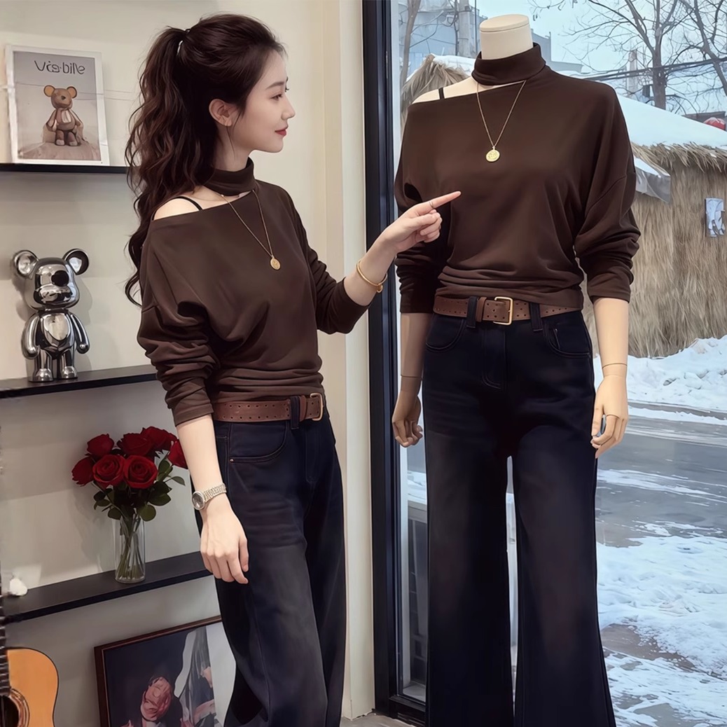 秋冬露肩挂脖长袖t恤女显瘦上衣