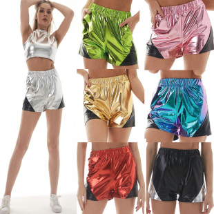 女 拼色直筒短裤 夜店团体舞台演出服金属色镭射热裤 松紧腰烫金皮裤