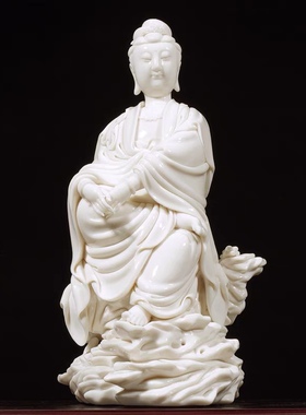 德华陶瓷摆件坐岩自在水月观音菩萨佛像郑建冰德化窑白瓷中式艺术