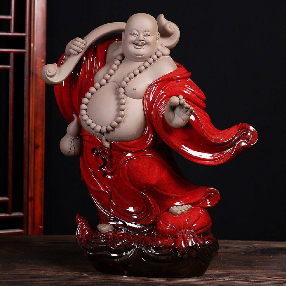 紫砂瓷雕弥勒佛像摆件笑佛陶瓷如意布袋佛供奉招财白瓷工艺品