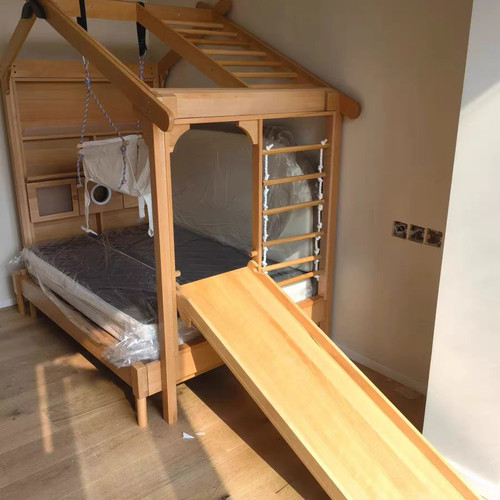 儿童床木蜡油榉木实木床幼儿玩具架组合爬爬架组合床成长床感统床