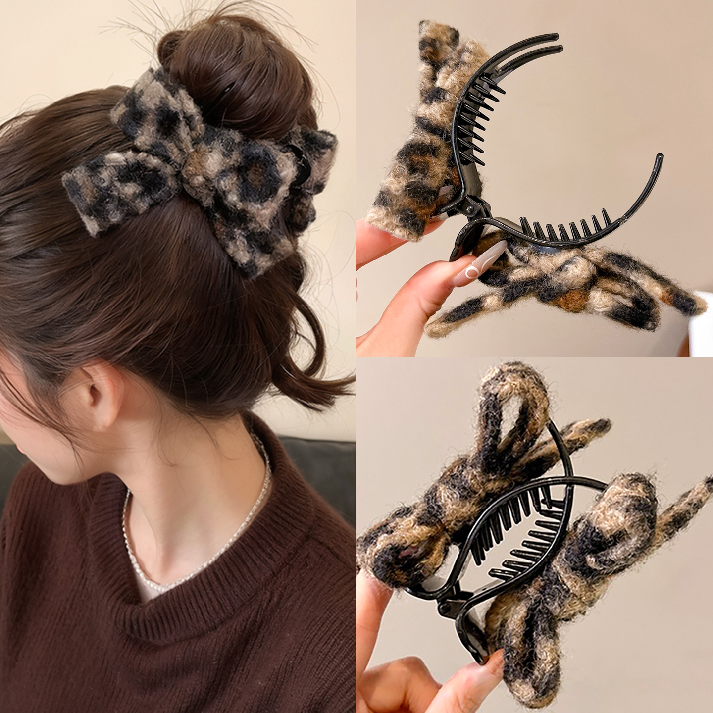 豹纹蝴蝶结丸子头抓夹女