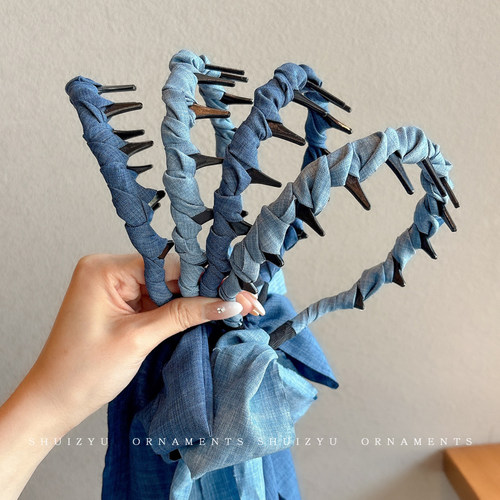 牛仔蓝色飘带发箍女高颅顶