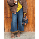 宽松复古加绒牛仔裤 女装 子 木子理想大码 胖mm秋冬九分拼接喇叭裤