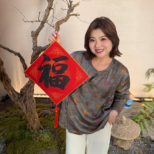 女装 木子理想大码 斜襟盘扣古韵衬衣200斤 衬衫 胖mm新年提花新中式