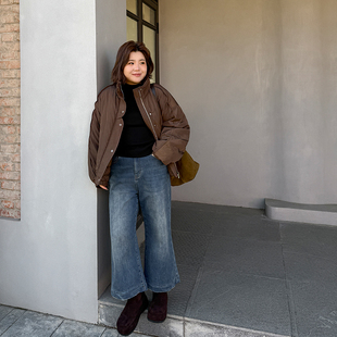 加绒显瘦显腿长牛仔裤 女装 子 木子理想大码 胖mm秋冬九分阔腿喇叭裤