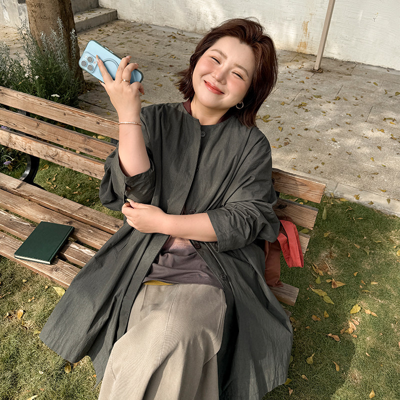 胖mm春季中长款风衣木子理想大码女无领连身袖简约休闲外套200斤