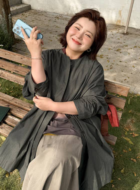 胖mm春季中长款风衣木子理想大码女无领连身袖简约休闲外套200斤