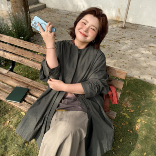 女无领连身袖 风衣木子理想大码 简约休闲外套200斤 中长款 胖mm春季