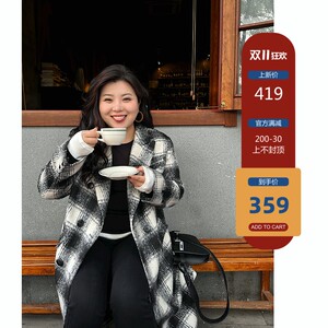 木子理想冬季复古格子大码毛呢大衣女胖妹妹长款黑白格长外套