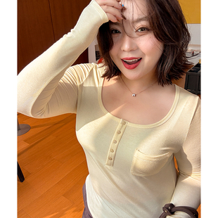 胖mm秋冬优雅方领打底衫木子理想大码女舒适口袋百搭针织衫200斤