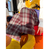 裤 窄版 直筒裤 秋冬酒红格子木子理想大码 胖妹妹显瘦复古休闲裤 子