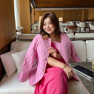 复古菱形格夹棉外套200斤 女装 胖mm冬季 巴恩翻领棉服木子理想大码