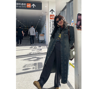 木子理想秋季长款大码牛仔外套女胖妹妹九分袖显瘦显瘦牛仔大衣