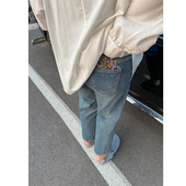 百搭显瘦裤 胖mm秋季 女装 木子理想大码 子200斤 刺绣九分直筒牛仔裤