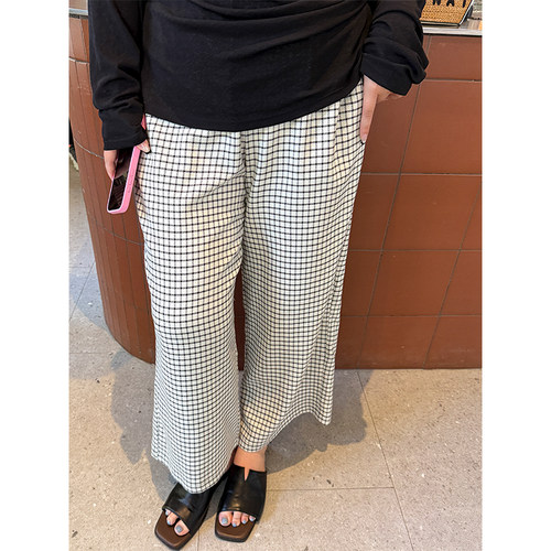 木子理想胖mm大码九分格子直筒裤