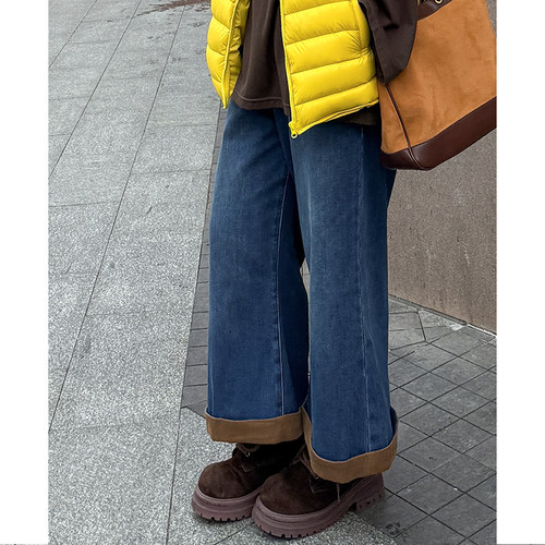 木子理想胖mm复古拼接喇叭牛仔裤