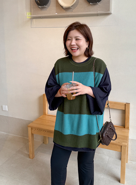 胖mm撞色针织马甲木子理想大码女装包肩袖中长款200斤复古马夹春