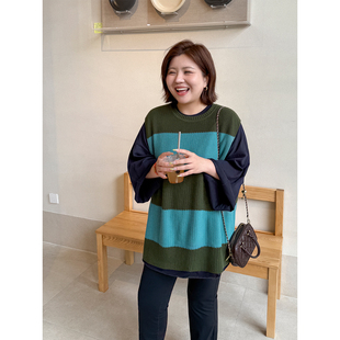胖mm撞色针织马甲木子理想大码 包肩袖 中长款 200斤复古马夹春 女装