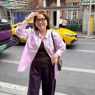 春季 女装 200斤纯棉舒适休闲粉衬衣 木子理想大码 胖mm慵懒宽松衬衫