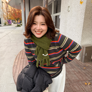 胖mm冬季休闲彩色条纹针织衫木子理想大码女装显瘦百搭T恤200斤