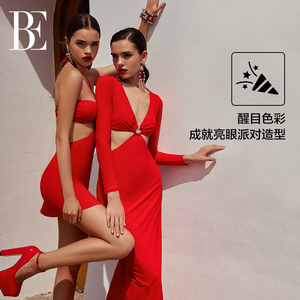 BE范德安2026 时尚系列连衣裙女士速干优雅性感深V新年礼服裙红色